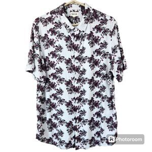 Open Edit Mens Short Sleeve Floral Print Button Down Shirt Large